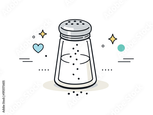 Image Generation. Salt shaker. A simple salt shaker standing upright with a few grains gently falling, creating a quiet everyday kitchen moment. The scene
