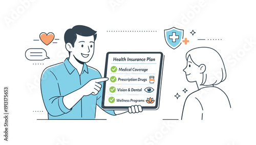 Personal health coverage advice. A consultant pointing at a policy plan on a tablet, clear sections and checkmarks showing benefits, calm and