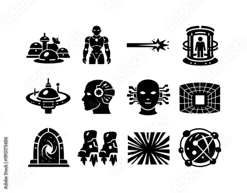 Sci-Fi Icon Set. Sci-Fi Future. Solid icon set of Sci-Fi Future: space colony, humanoid robot, laser beam, time machine, planetary station, cybernetic implant,