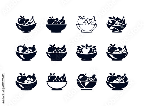Fruits. Icon set. Set Logo of fruits: fruit bowl. harmonious logo variations of the same emblematic concept, each with different artistic