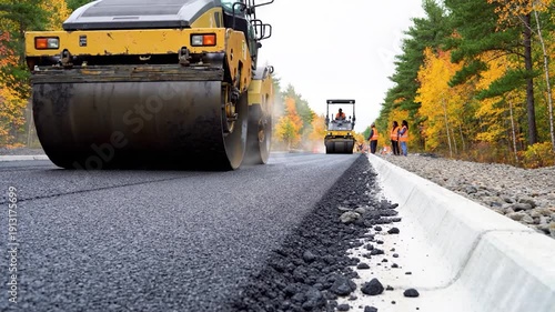 Road construction with heavy machinery paving fresh asphalt and workers on job site