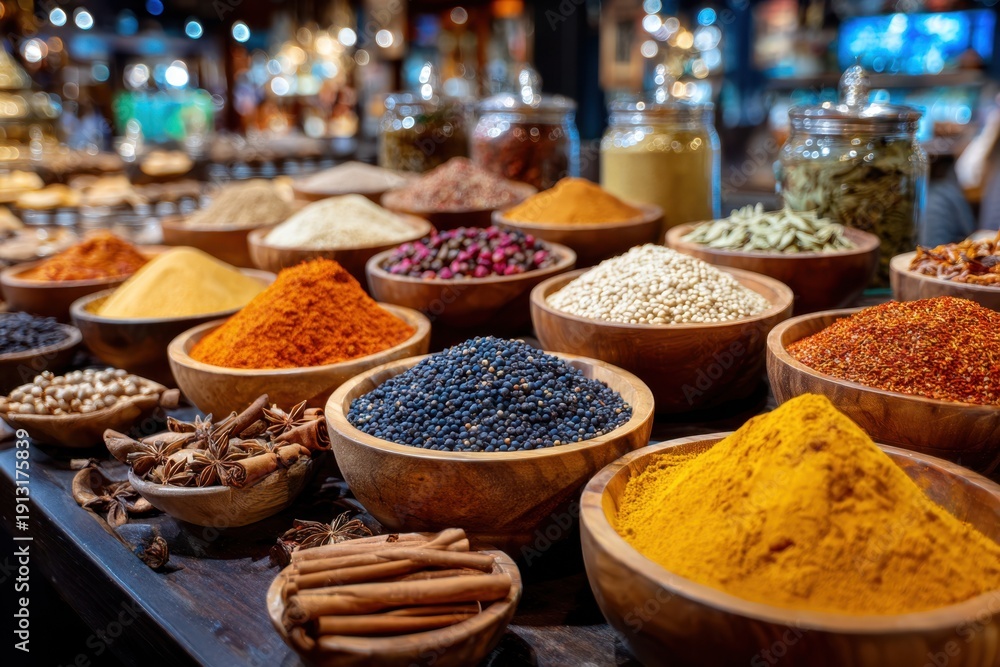 Fototapeta premium Colorful Spices and Herbs in Wooden Bowls at Market