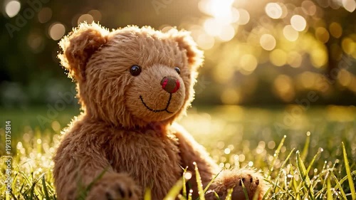 Teddy bear sitting in lush green grass with warm golden sunlight bokeh in background outdoor scene