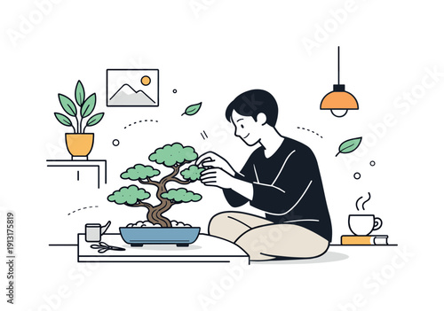 Bonsai Care Harmony. Decorative indoor plant concept. A person quietly adjusting a bonsai tree in a modern living space, calm interaction and gentle care.