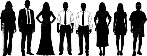Diverse Group of Professional People Silhouettes Standing Together in Formal and Casual Attire Vector Illustration Isolated on White Background