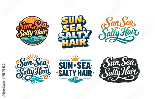 Diverse Lettering Styles. Sun, sea, salty hair. Set lettering. harmonious lettering variations of the same emblematic concept, each with different artistic