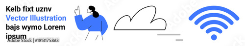 Technology integration, internet services, communication tools, online connectivity, data sharing, digital interaction. Person pointing, a cloud symbol and wireless icon visible. Technology