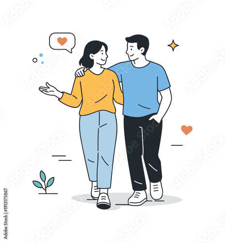 Heartfelt conversation. Two people walking slowly side by side, talking calmly with relaxed gestures. The illustration communicates openness,