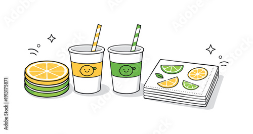 Lemon and lime-themed party decorations. Close-up of party details with lemon slices, cups, and napkins arranged neatly. The scene feels