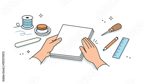 Image Generation. Book binding. A calm workshop scene where hands carefully align loose pages and prepare them for binding on a clean work surface. The