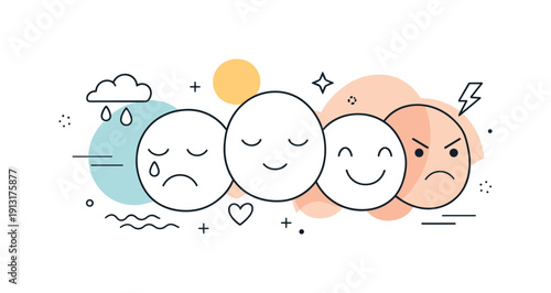 Emotional spectrum. Abstract faces and shapes blending into each other, showing different moods in a quiet, thoughtful composition. Floating