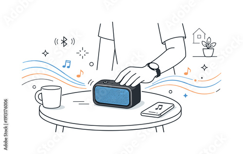 Portable Music Moment. Bluetooth speakers ? portable music moment. A person placing a compact Bluetooth speaker on a table while music waves gently flow