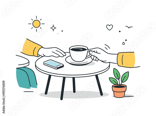First outdoor coffees. A person placing a coffee cup on a small outdoor table, hands relaxed. The scene suggests arrival, pause, and comfort