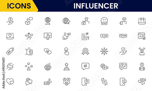 Influencer and blogging line icons collection. Big UI icon set in a flat design. Thin outline icons pack. Vector illustration