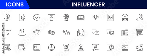 Influencer and blogging line icons collection. Big UI icon set in a flat design. Thin outline icons pack. Vector illustration
