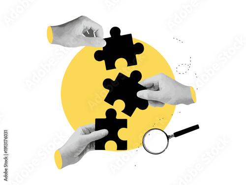 Teamwork Puzzle Collaboration Solution Concept with Hands Vector Illustration