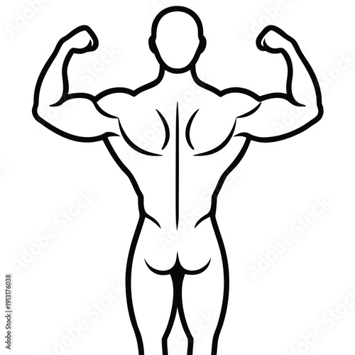 Muscular male bodybuilder posing from behind flexing biceps and showing back muscles