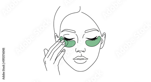 Woman Applying Under Eye Patches Line Illustration - Skincare Routine for Dark Circles and Puffiness, Hydrogel Eye Mask Treatment, Beauty and Self Care Outline Vector