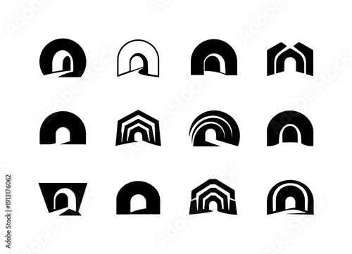 Hollow. Icon set. Set Logo of Hollow: tunnel opening. harmonious logo variations of the same emblematic concept, each with different artistic