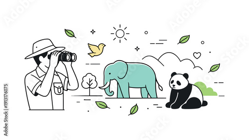 Wildlife Ranger's Observation. Protecting endangered species. A ranger gently observing wild animals through binoculars, calm nature scenery with leaves and