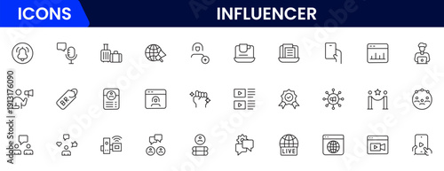 Influencer and blogging line icons collection. Big UI icon set in a flat design. Thin outline icons pack. Vector illustration