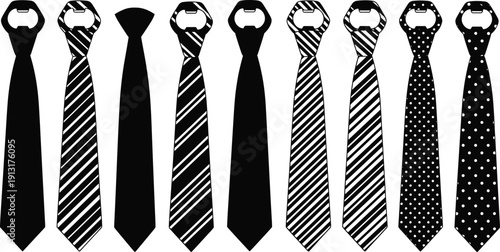 Men necktie silhouette collection with striped and polka dot patterns isolated on light background, black vector fashion accessory set