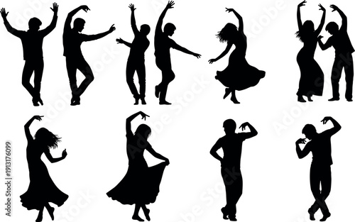 Set of expressive dancing people silhouettes featuring flamenco dancers, salsa couples and energetic poses isolated on white background.