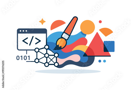 AI-driven art creation shown as a digital canvas where geometric shapes and brush-like forms emerge from code symbols and neural network