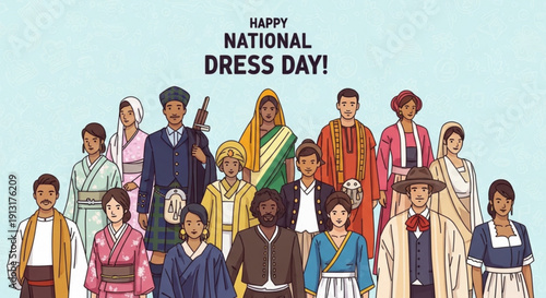 Diverse group of people wearing traditional cultural attire celebrating national dress day on light blue background