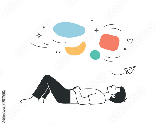 Peaceful reflection. A person lying on the floor looking upward, abstract shapes slowly drifting above. The scene communicates rest, mental