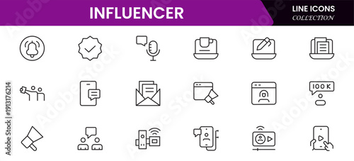 Influencer and blogging line icons collection. Big UI icon set in a flat design. Thin outline icons pack. Vector illustration