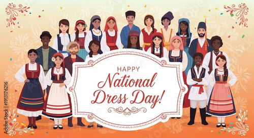 Diverse group celebrating national dress day in traditional attire with colorful costumes and sign