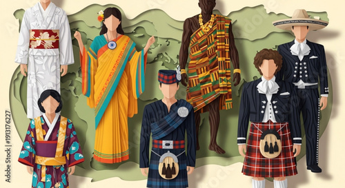 Diverse group of people wearing traditional cultural clothing from around the world on a map background