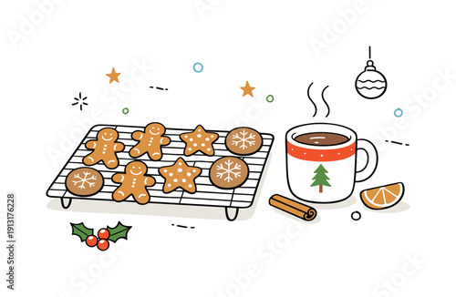 Cozy holiday baking mood. Cookies cooling on a rack with a mug nearby, calm and comforting winter feeling. Editorial lifestyle illustration