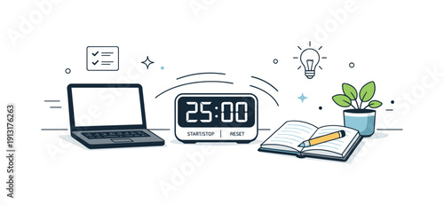 Using a timer for focused work. A desk scene with a digital timer counting down next to a laptop and notebook, showing calm concentration.