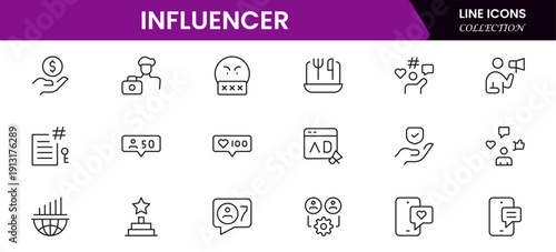 Influencer and blogging line icons collection. Big UI icon set in a flat design. Thin outline icons pack. Vector illustration