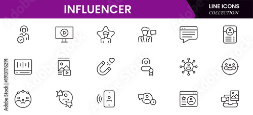 Influencer and blogging line icons collection. Big UI icon set in a flat design. Thin outline icons pack. Vector illustration