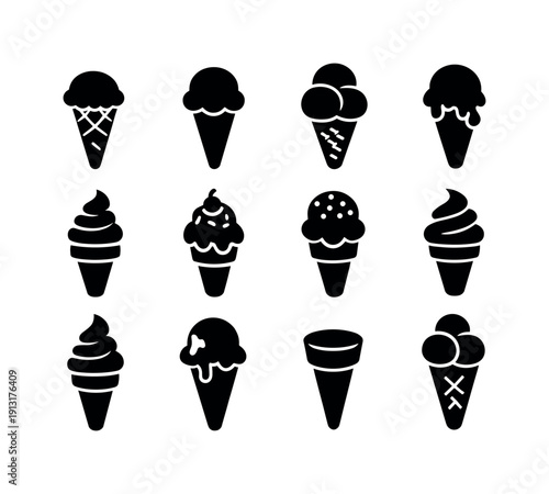 Ice Cream Icons. Ice Cream Cone. Solid icon set of Ice Cream Cone: waffle cone, single scoop, double scoop, melting ice cream, soft serve cone, dessert cone,
