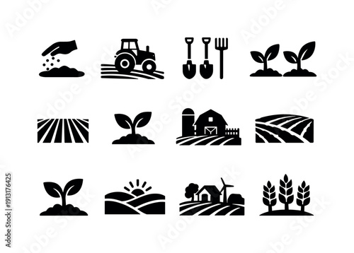 Agricultural icons. Solid icon set of Agricultural icons: sowing, tractor in field, farm tools, growing crops, field lines, sprout icon, barn