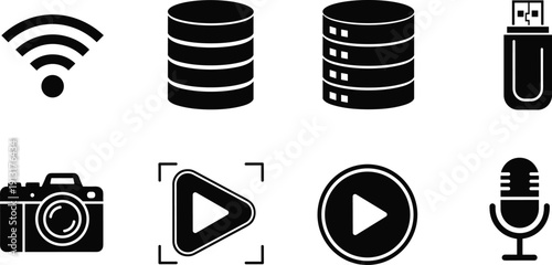 Multimedia Technology Icons Vector Set, WiFi Database USB Camera Play Button and Microphone Symbols Isolated on Light Background