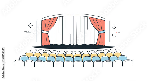 Empty theater interior. A wide view of seat rows fading into perspective, stage curtains closed, quiet stillness. Clean editorial composition