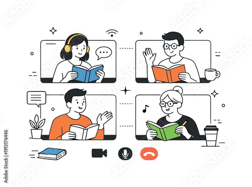 Online book club. Characters connected through screens, reading and talking via video call, calm and cozy digital interaction. Sense of