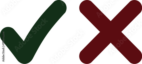 Green check mark and red cross mark symbols isolated on white background, icons for choice, voting, right or wrong decision.