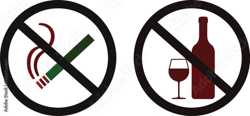 No smoking and no drinking alcohol prohibited signs with cigarette wine bottle and glass icons on white background vector illustration.