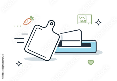 Smart Kitchen Storage Design. Cutting board slot. Conceptual composition with cutting board icon sliding into a simple slot symbol. Abstract explanation of