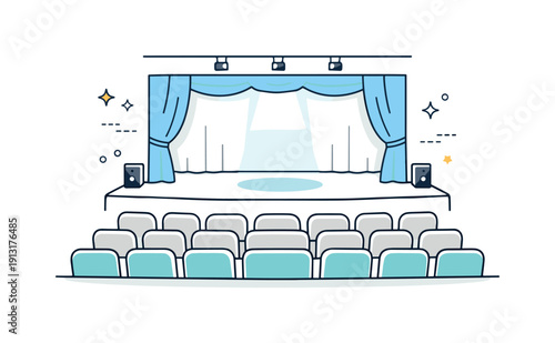 Silent performance space. A minimalist theater hall with rows of seats and a softly lit stage, peaceful emptiness. Editorial interior