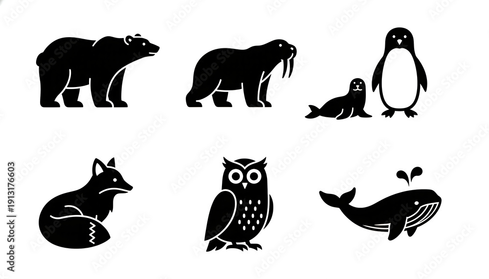Fototapeta premium Arctic Animal Silhouette Clipart Set – Polar Bear, Penguin, Whale and Marine Wildlife Black Vector Icons for Classroom and Design Use
