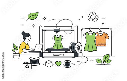 Sustainable fashion through 3D printing. A designer creates garments on demand using a 3D printer, reducing waste and excess materials.