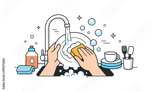 Daily kitchen routine. A simple scene of hands washing dishes under running water with gentle bubbles floating up. Calm productivity and