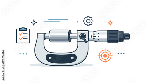 Micrometer inspection. A precision micrometer measuring a cylindrical part, symbolizing fine tolerances and quality control. The composition